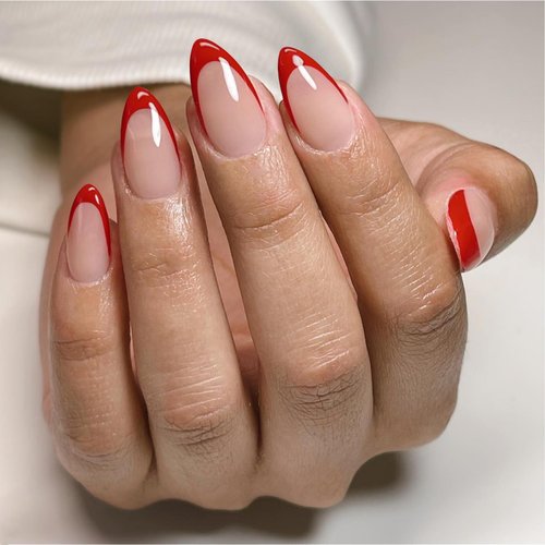 30 PCS Red French Tip Press on Nails Almond Short,SXVME Fake Nails Glue on Nails Medium Short,Gel Nails Static Nails Short,Acrylic Nails Press ons Medium,Short False Nails Stick on Nails for Women