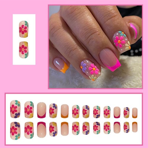 24pcs French Press on Nails Flower False Nails Glossy Short Square Fake Nails Cute Purple Yellow Pink Colorful Floral Designs Glue on Nails for Women Girls Acrylic Artificial Tip Manicure Decoration