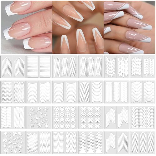 YUXIANLB 24 Sheets French Manicure Nail Stickers, 24 Designs French Tip Nail Guides Stickers, Self-Adhesive Nail Decals Manicure Kits for DIY Decorations for Nail Art Decoration Stencil Tools