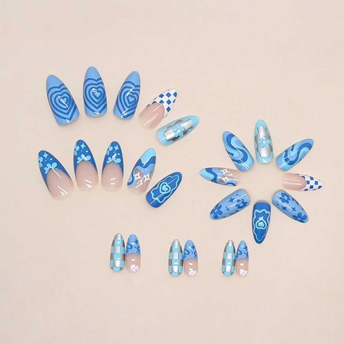 RikView Blue Press on Nails Long Fake Nails Almond Acrylic Nails Glossy Full Cover Nails 24 PCs/Set