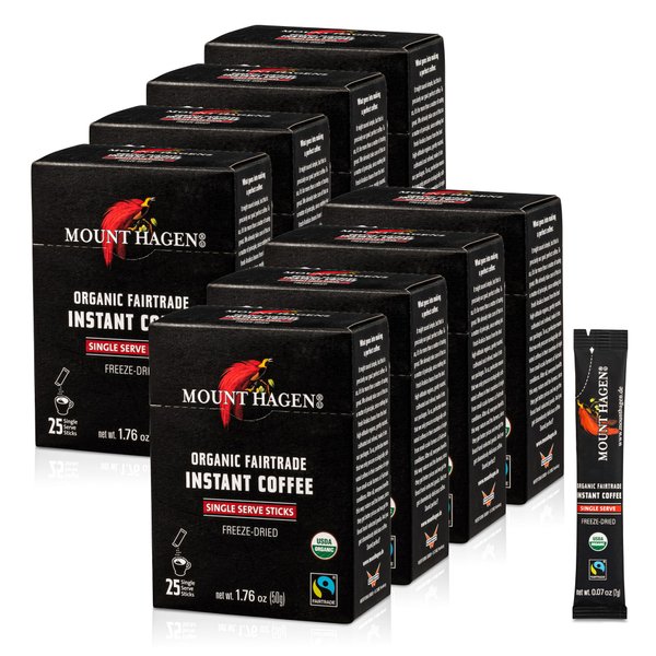 Mount Hagen 25 Count Single Serve Instant Coffee Packets - 8 Pack | Organic Medium Roast Arabica Beans | Eco-friendly, Fair-Trade [8 x 25 sticks/1.76oz/50g]