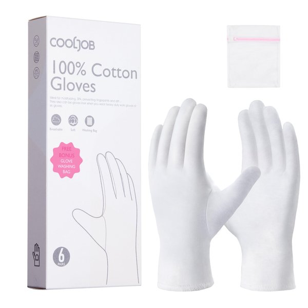 COOLJOB 100% Cotton Gloves, 6 Pairs White Cotton Gloves for Dry Hands Moisturizing & Eczema, Overnight Lotion, Sleep & Spa Treatment for Women & Men, Breathable Work Glove Liners, Medium Size