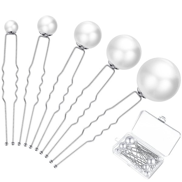 Hicarer 18 Pieces Wedding Pearl Hair Pins Bridal Rhinestone Pearl Hair Clips Hair Accessories U Shaped Bobby Pin Hair Barrette for Bride Bridesmaid Women Hair Style(White-Silver)