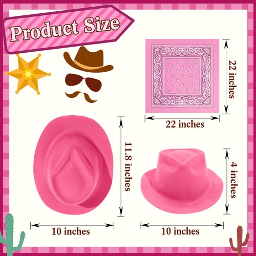 6 Pink Cowgirl and Cowboy Hat and Bandana Set, Texan Western Party Pack with 6 Hats and Bandanas, Adult Kids Girls Party Supplies