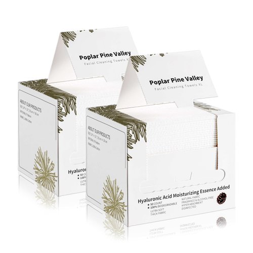 Poplar Pine Valley, Face Cleaning Towels, Makeup Remover Dry Wipes, Hyaluronic Acid, Skincare Towels for Face, Cleansing and Moisturizing, Cotton, Thick Soft, Travel, 50 Ct, 1 Pack