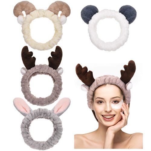 Chuangdi 4 Pcs Animals Ears Headbands Cute Spa Fuzzy Headband Elastic Face Washing Turban Hair Bands Shower Head Wraps Facial Headband for Women Cosplay Party (Vivid Style)