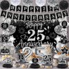 25th Wedding Anniversary Decorations Black Silver Happy 25th Anniversary Banner Backdrop Honeycomb Centerpiece Hanging Swirls Pom Poms for 25th Silver Wedding Anniversary Party Decorations Supplies