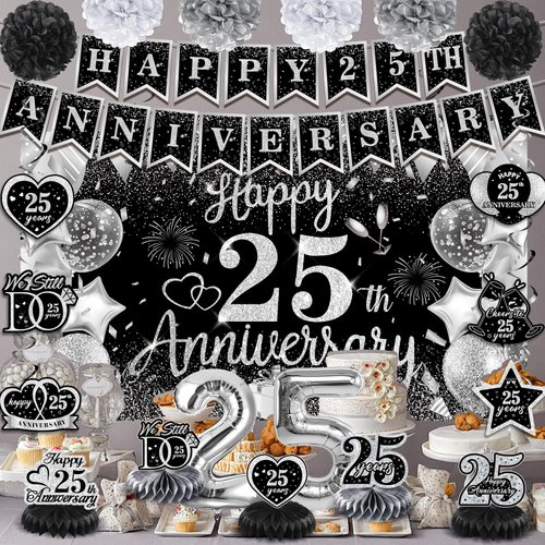 25th Wedding Anniversary Decorations Black Silver Happy 25th Anniversary Banner Backdrop Honeycomb Centerpiece Hanging Swirls Pom Poms for 25th Silver Wedding Anniversary Party Decorations Supplies