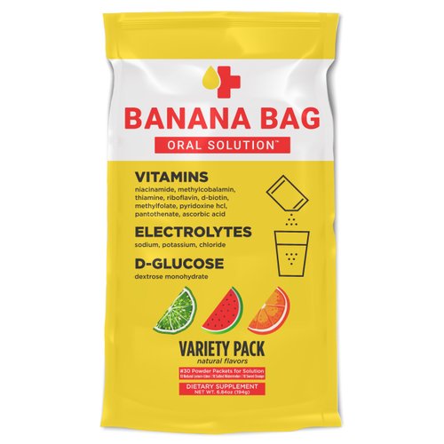 Banana Bag Oral Solution - Pharmacist Hydration Recovery Formula - Electrolyte & Vitamin Powder Packet Drink Mix - Variety Pack - Pack of 30