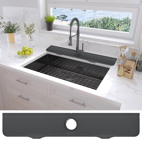 32"x 5.5" Sink Splash Guard Mat, Longer Silicone Faucet Splash Guard, Silicone Faucet Handle Drip Catcher Tray, Drip Protector Splash Countertop (Black)