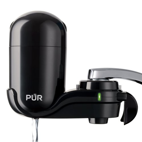 PUR Vertical Faucet Mount Water Filtration System with Lead Reducing Filter for Cleaner, Filtered Tap Water, Lasts 100 Gallons, Sink Water Filter, Fits Most Kitchen or Bathroom Faucets, Black