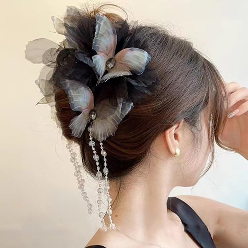Rannyrena Elegant Lace Butterfly Flower Hair Clip with Beaded Tassel Dainty Floral Hair Claw for Women Butterfly Hair Piece for Wedding Bride (Black)