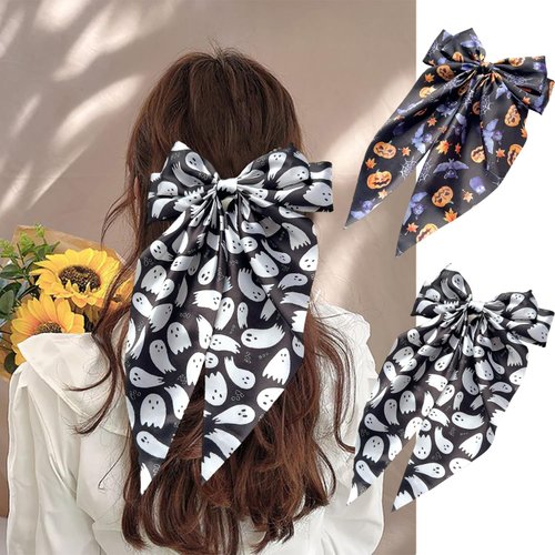2pcs Halloween Snap Hair Clips for Thin Hair Cute White Ghost Hair Accessories Strong Grip Hair Clip Horror Pumpkin Bat Maple Leaf Flat Hair Clips Black Bow Hair Barrettes for Halloween Hairstyle