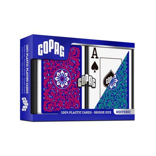 Copag 1546 Neoteric Design 100% Plastic Playing Cards, Bridge Size (Narrow) Green/Red Double Deck Set (Jumbo Index)