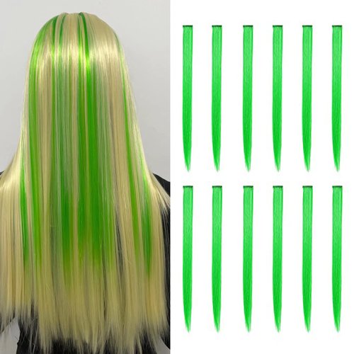 12 PCS Colored Hair Extensions, SOYZMYX Multi-color Party Highlights Clip in Synthetic Hair Extensions, 22 inch Colorful Hair Accessories for Girls Women Kids Straight Hairpieces in Halloween (Green)