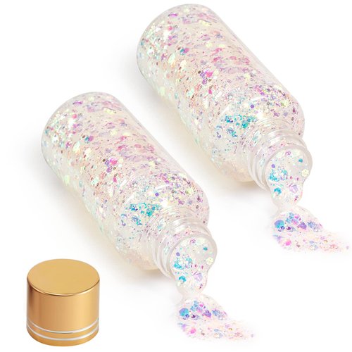 Holographic Body Glitter Gel, Mermaid Sequins Face Glitter Makeup for Body, Hair, Face, Nail, Eyeshadow, Long Lasting Waterproof Party Glitter for Festival Stage Nightclubs, 1oz (White, 2PCS)