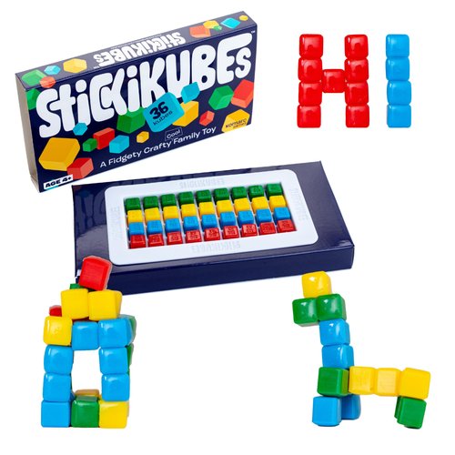 KOMARC GAMES StickiKubes, Mini Stacking Cubes That Stick to Anything, Non Toxic Kid Safe Sticky Blocks, Creative Construction Toy - 36 Cubes, 4 Colors, Display Easel