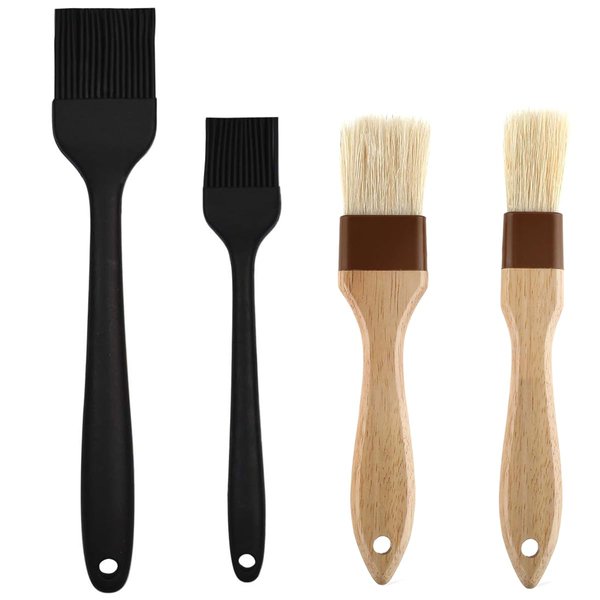 4 Pack Pastry Brush-Basting Brush Pastry Brushes for Baking, Silicone Basting Brush, Basting Oil Brush with Boar Bristles and Beech Hardwood Handles for Kitchen, Grilling and Spreading Oil, BBQ Sauce