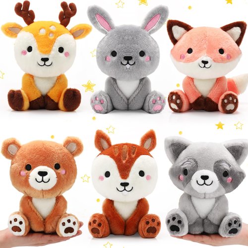 RoundFunny 6 Pcs Woodland Animals Plush Toys 7 Inch Bear Rabbit Squirrel Deer Raccoon Fox Stuffed Animals for Birthday Gift Baby Shower Party Decor