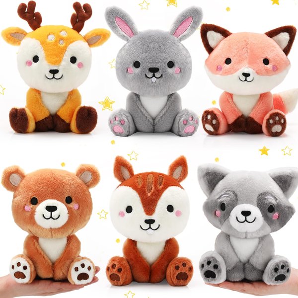 RoundFunny 6 Pcs Woodland Animals Plush Toys 7 Inch Bear Rabbit Squirrel Deer Raccoon Fox Stuffed Animals for Birthday Gift Baby Shower Party Decor