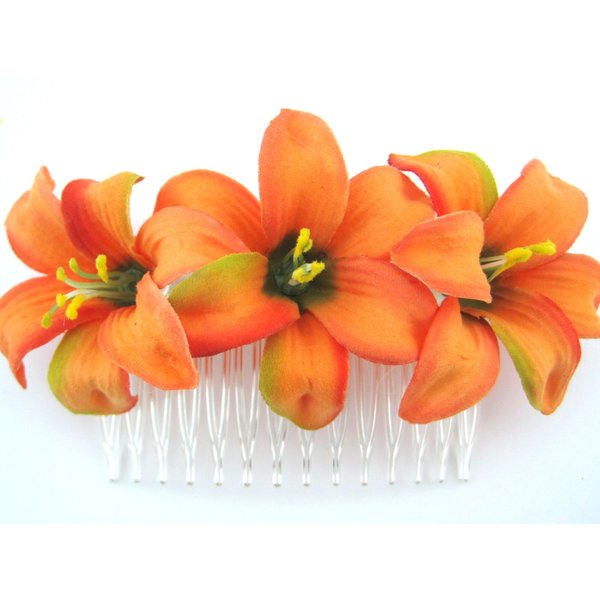 Triple 2" Tropical Orange Lily Silk Flower Hair Comb