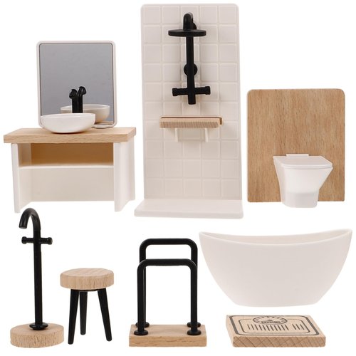 Toyvian 8pcs Dollhouse Bathroom Set: 1 12 Scale Dollhouse Toilet Bathtub Basin Wooden Bathroom Cabinet with Sink Miniature Furniture for Doll Bathroom Accessories