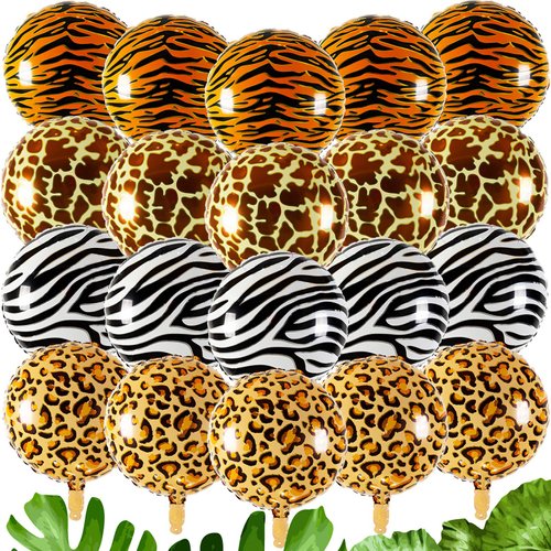 20 Pieces Round Aluminium Foil Balloons Tiger leopard Zebra Pattern Helium Balloon Jungle Animals Kids Party Supplies Wildlife Print Balloons for Zoo Themed Birthday Decorations Backdrop, 18 Inches