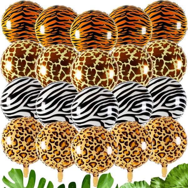 20 Pieces Round Aluminium Foil Balloons Tiger leopard Zebra Pattern Helium Balloon Jungle Animals Kids Party Supplies Wildlife Print Balloons for Zoo Themed Birthday Decorations Backdrop, 18 Inches