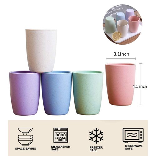Choary Eco-friendly Unbreakable Reusable Drinking Cup for Adult(12 OZ), Wheat Straw Glasses Healthy Tumbler Set 5-Multicolor, Dishwasher Safe