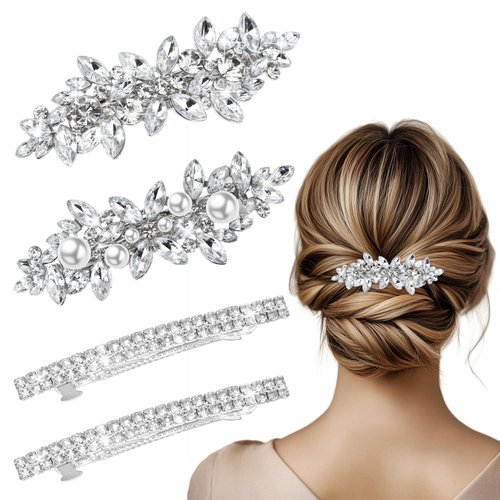 Ouligay 4 Pcs Rhinestone Hair Clips,Crystal Barrettes for Women,Silver Hair Clips for Women,Hair Accessories for Women Wedding,Pearl Decorative Hair Clips for Daily Party Prom(Silver)
