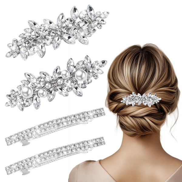 Ouligay 4 Pcs Rhinestone Hair Clips,Crystal Barrettes for Women,Silver Hair Clips for Women,Hair Accessories for Women Wedding,Pearl Decorative Hair Clips for Daily Party Prom(Silver)