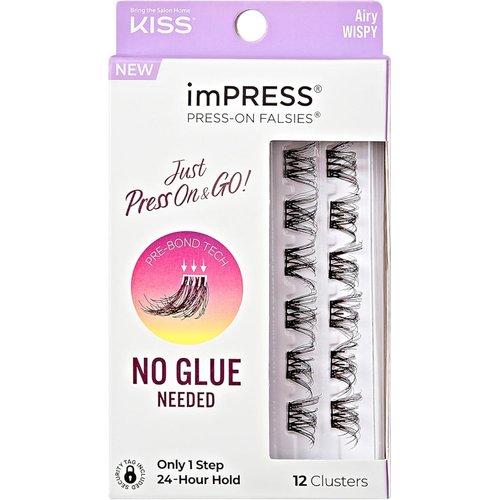 KISS imPRESS False Eyelashes, Lash Clusters, Falsies, Airy Wispy', 12mm-14mm, Includes 12 pieces of pre-bonded lashes, Contact Lens Friendly, Easy to Apply, Reusable Strip Lashes