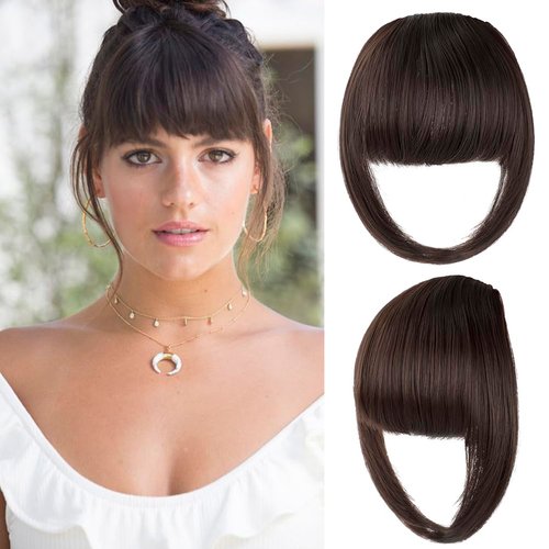Bangs Hair Clip in Extensions French Bang Natural Full Fake Bangs Straight Fringe Hairpieces with Temples for Women Daily Wear Wigs Medium Brown