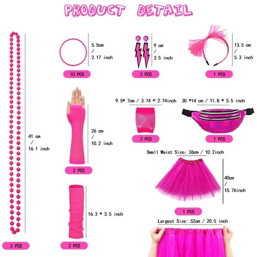 WILDPARTY Costume Accessories, T-Shirt Tutu Fanny Pack Headband Earring Necklace Fishnet Gloves Legwarmers 80s Party Halloween outfit for Women 24PCS (Pink M)