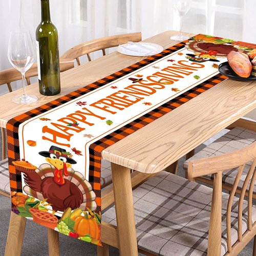 Friendsgiving Party Decorations, Happy Friendsgiving Table Runner,Autumn Friendsgiving Party Decorations, Thanksgiving Pumpkin Maple Turkey Themed Table Supplies (Happy Friendsgiving Table Runner)
