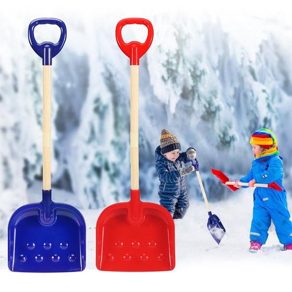 Kids Snow Shovel with D-Grip Handle for Kids Outdoor Yard Garden Activities, 30" Tall Wooden Snow Shovels Detachable Kids Shovels, Red & Blue (Age 3+, 2 Packs)