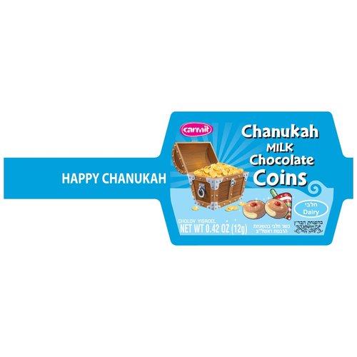 The Dreidel Company Hanukkah Chocolate Gelt, Milk Chocolate Coins, Made in Israel, Kosher Certified Cholov Yisroel Chanukah Coins Box, 0.42 oz each (Single, 24 Mesh Bags)