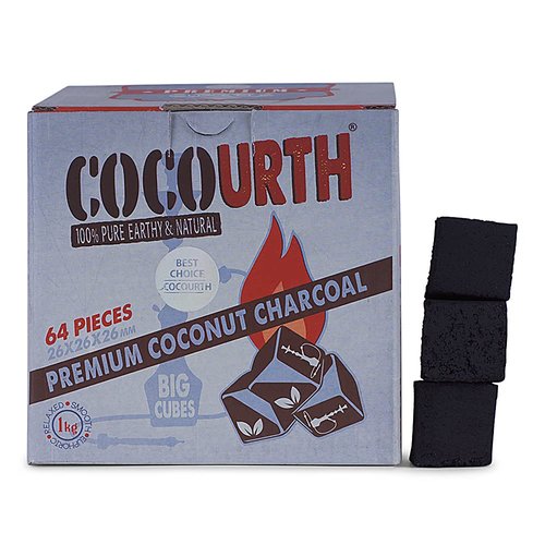 CocoUrth 100% Natural Hookah Coconut Shell Charcoal Big Cube 26x26x26mm Electric Burner Briquettes Used Also for Cooking, Grilling, Barbecuing, Incense Narguile Coal (1kg)