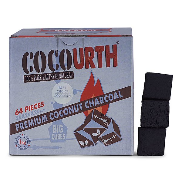 CocoUrth 100% Natural Hookah Coconut Shell Charcoal Big Cube 26x26x26mm Electric Burner Briquettes Used Also for Cooking, Grilling, Barbecuing, Incense Narguile Coal (1kg)