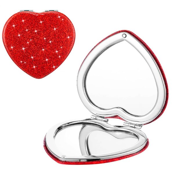 mpowtech Cute Heart Shaped Compact Mirror for Purse,Red Travel Mirror with Glitter,Leather Small Pocket Mirror,Portable 2 x 1x Magnification Folding Makeup Mirror,Cosmetic Mirror for Gift