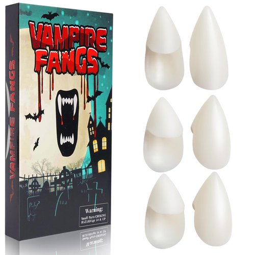 BLUECOW Vampire Teeth Fangs Adult, 3 Pairs Fake Vampire Fangs Teeth Vampire Accessories with Adhesive for Halloween Party Cosplay (15mm +15mm + 17mm)