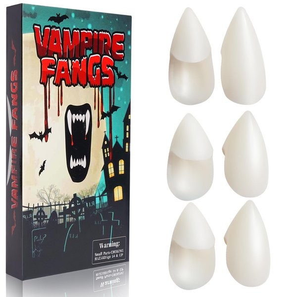BLUECOW Vampire Teeth Fangs Adult, 3 Pairs Fake Vampire Fangs Teeth Vampire Accessories with Adhesive for Halloween Party Cosplay (15mm +15mm + 17mm)