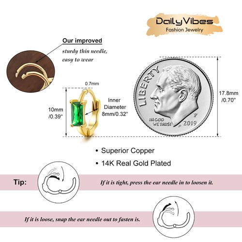 Small Gold Hoop Earrings for Women 14K Gold Plated Hoops Tiny Hypoallergenic Cubic Zirconia Cartilage Gold Huggie Hoop Earrings for Teen Girls (Green)