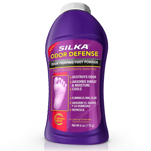 SILKA Odor Fighting Foot Powder & Shoe Deodorizer with Corn Starch Powder, Talc & Cooling Beads for Lasting Freshness, Absorbs Sweat & Excess Moisture, 6 Oz