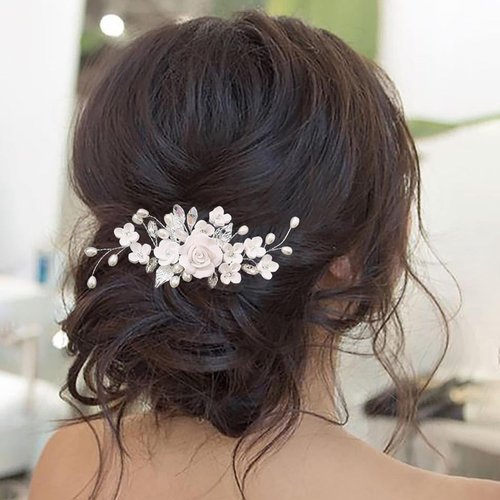 Kesvb Bride Wedding Hair Comb Silver Flower Hair Piece Rhinestone Bridal Side Combs Hair Accessories for Women and Girls
