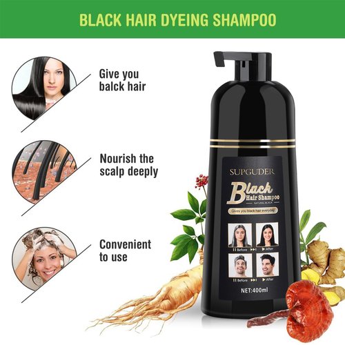 SUPGUDER 400ml Black Hair Dye Shampoo-Instant Black Hair Shampoo for Natural Hair,Temporary Hair Dye Shampoo for Men Women Black Color/Simple to Use/Lasts 30 Days-Fast Acting Natural Ingredients