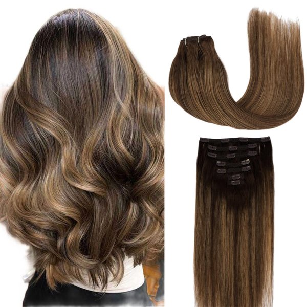 LIZ Hair Human Hair Extensions, 120g 7pcs Balayage Chocolate Brown to Caramel Blonde Hair Extensions Straight Remy Hair Extensions Clip in Human Hair 16 Inch Hair Extensions