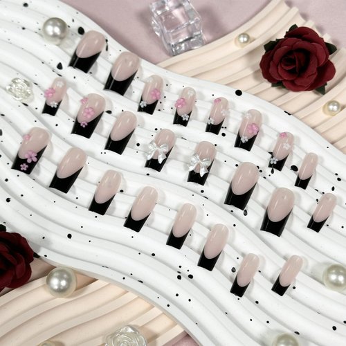 COCDLAN Black French Tips Press on Nails Medium Long Pink Fake Nails Square Glossy 3D Flower False Nails Reusable Nail Kit for Women 24Pcs