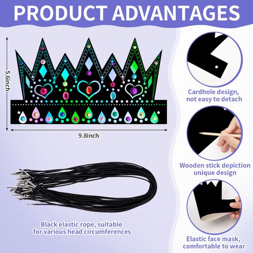 KXCOFTXI Christmas Mask Craft Kit for Kids, DIY Rainbow Scratch Art Masks for Christmas and Animal Birthday Party, Christmas Mask Craft Kit with Elastic Cords and Wooden Styluses