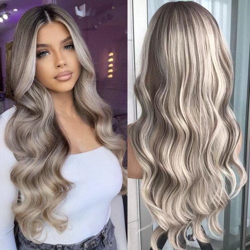 QDBOWIN Body Wave Lace Front Wig Highlight Ash Blonde Lace Frontal Synthetic Wigs Pre Plucked Long Wavy Synthetic Lace Wig for Women